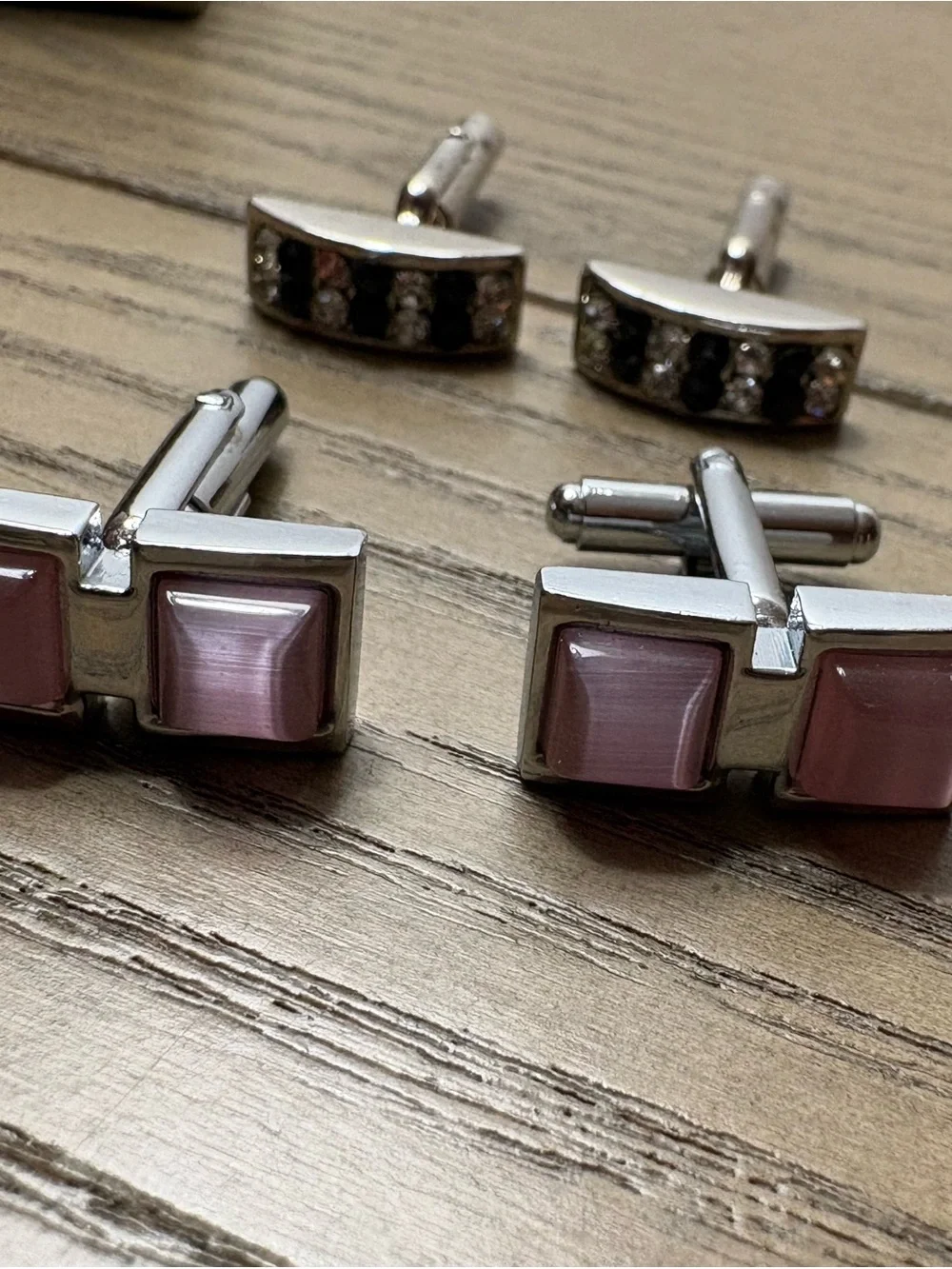 Men's Silver Cufflinks with Pink Square Inlays